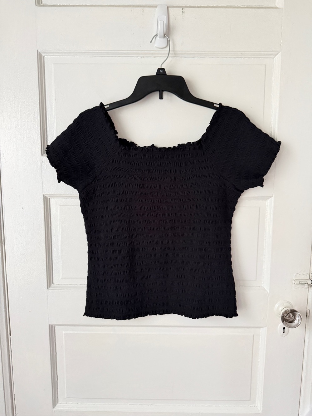 GAP Black Smocked Square Neck Short Sleeve Ruffle Top Cottagecore Coquette Lg